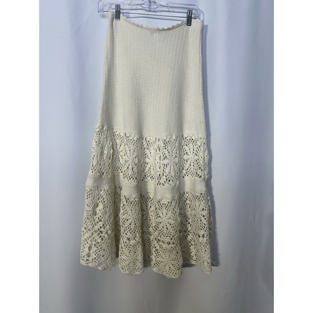 Adam Lippes Ivory Crotchet Stretch Pull On Cotton Blend MIDI Skirt Women's Med